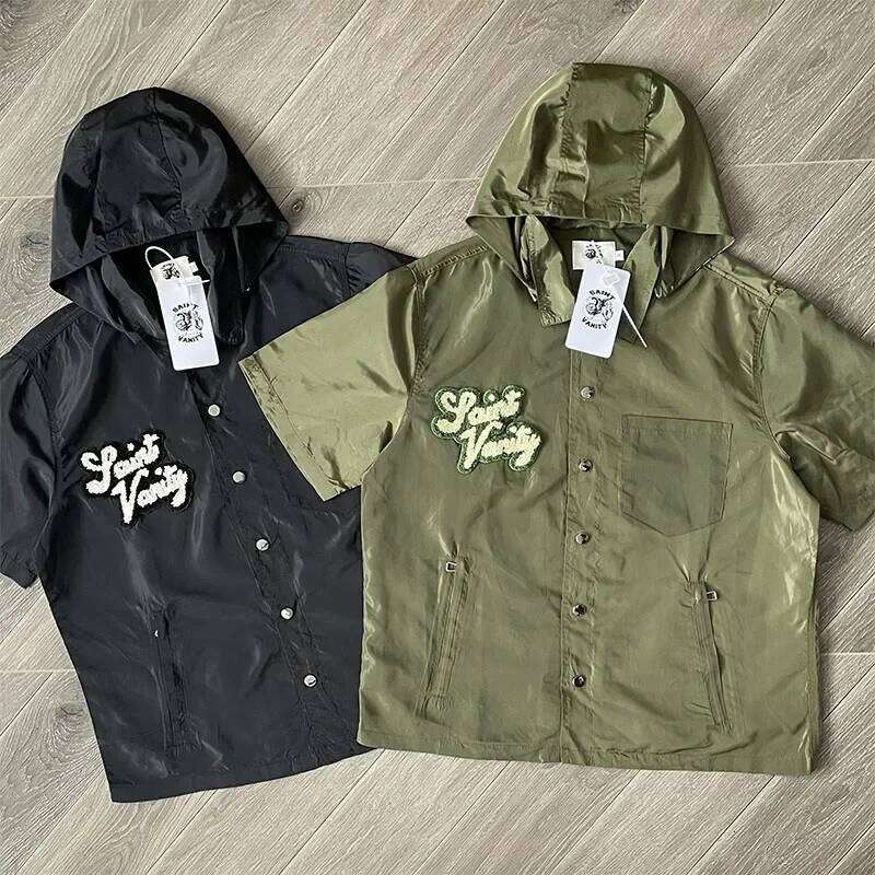 SAINT VANITY Embroidered Casual Sports Trench Coat With Hooded Short Sleeves