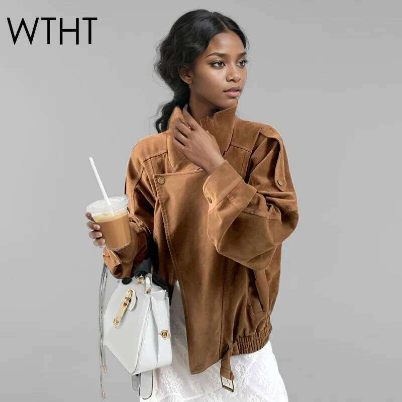 WTHT Fashion Trendy Women's Suede Fabric Long Sleeves Jacket 2025 Spring New Stand Collar Zipper Coat Female 1LS1076