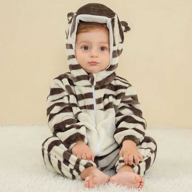 MICHLEY Halloween Cute Zebra Baby Rompers Winter Clothes Costume Flannel Hooded Bodysuits Pajamas Animals Jumpsuit For Girls Boy y250610V5K6