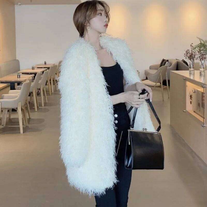 Chic Fluffy Coat Lamb Furry Faux Fur Jacket Women Streetwear Warm Design Winter Women's Clothing Outerwear