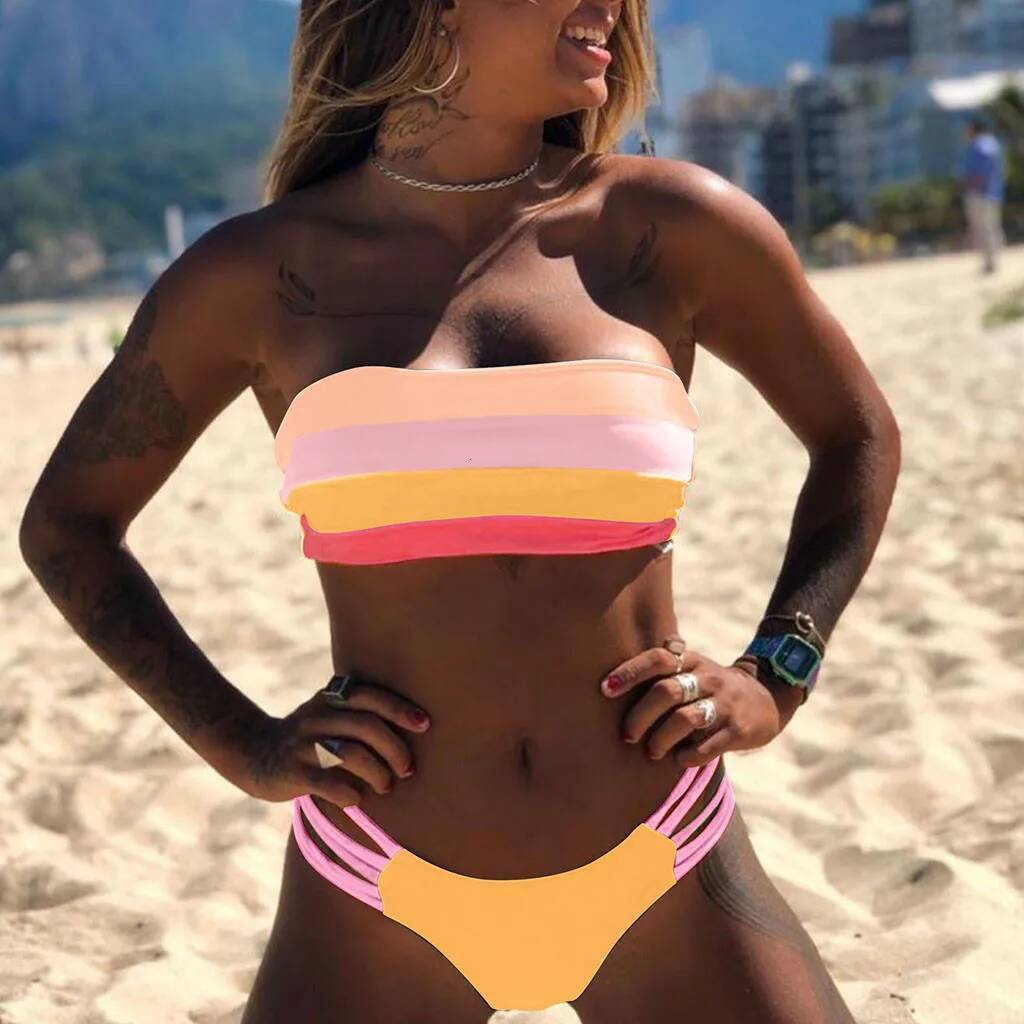 Strapless Sets Women Swimwear Push-Up Padded Bra Beachwear Female Colored Stripes Bikini Set Bathing Suit 2024