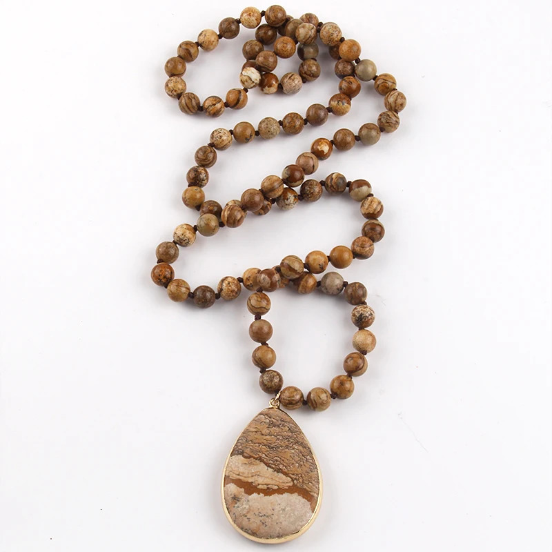 Fashion Bohemian Jewelry Natural Stone Knotted Stone Matching Drop Pendant Necklaces Women Beaded Necklace 250604