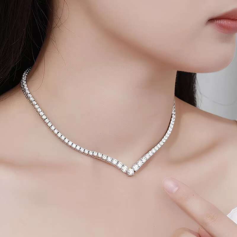 OACOCA Wedding Jewelry 925 Sterling Silver Tennis Chain VVS1 D Color White Gold Plated V Shape Link Moissanite Necklace