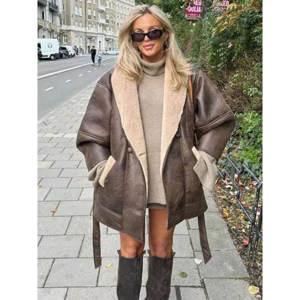 ZBZA Women's Warm Faux Leather Lace-up Thick Retro Lapel Double-breasted Long Sleeve Loose Casual Overcoat Winter Chic Coat