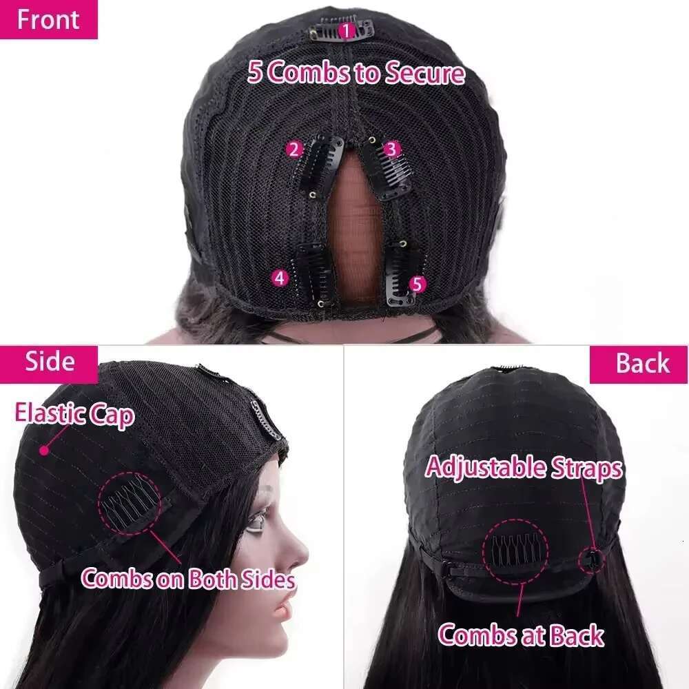 Wig Straight hine Made Peruvian Remy 100% Human Hair Quality Clip In Natural Black Color V Part Wigs