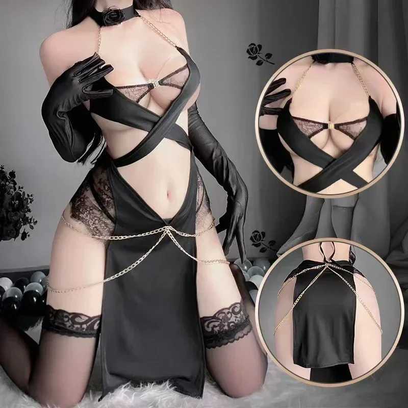 Women Cosplay Catgirl Uniform Halloween Evil Cat Women Sexy Lingerie Set Cross Strip Metal Chain Dress Women Role Play Costumes R250610