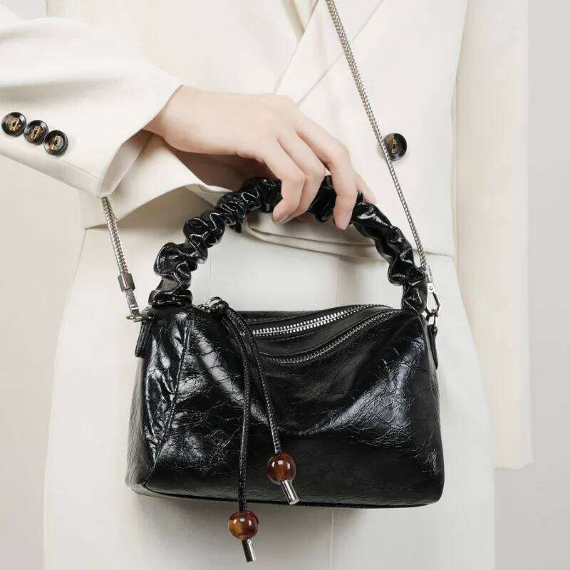 2024 New Wine Red Soft Leather Boston Bag Women Chain Strap Shoulder Handbag Fashion Girls Roomy Pocket For Items