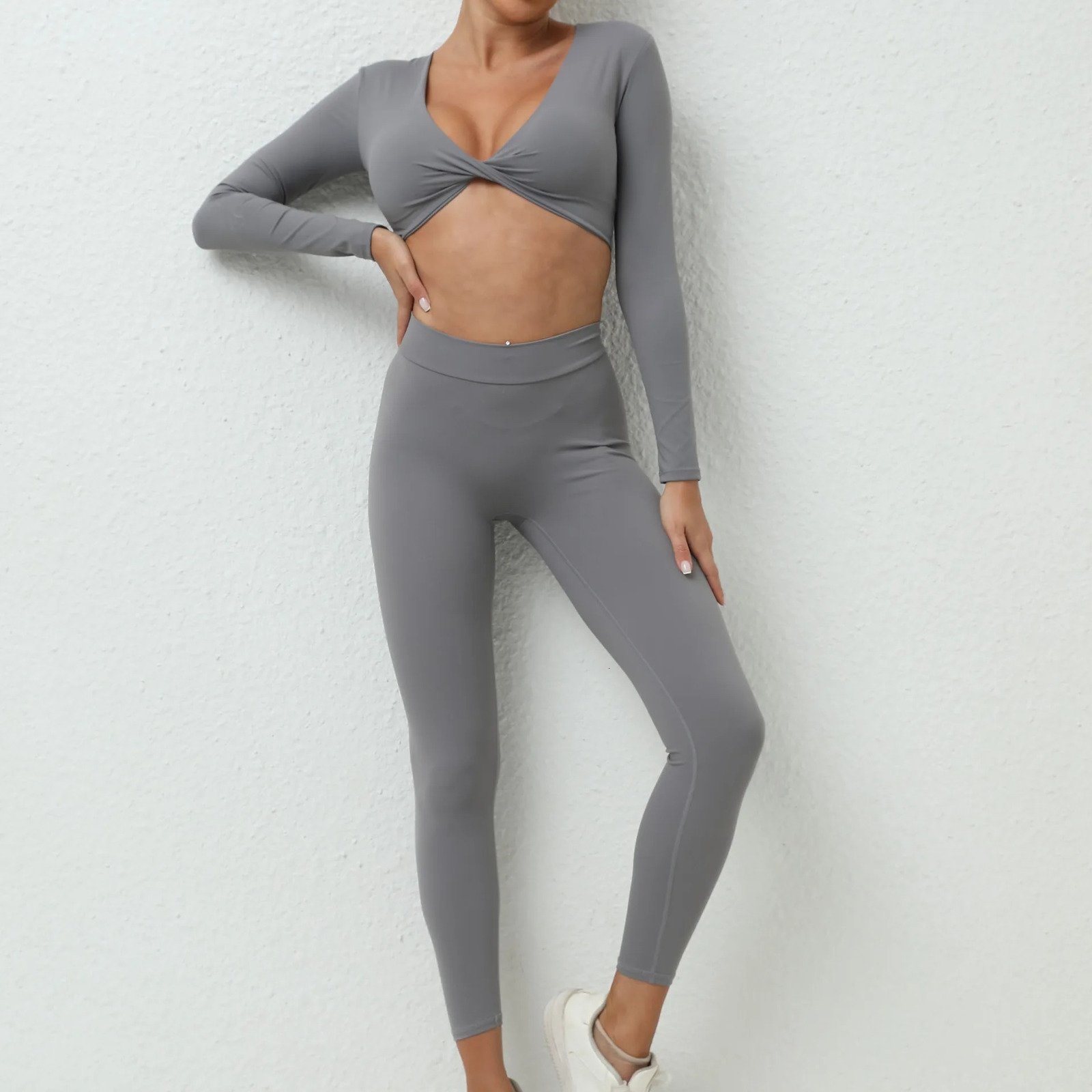 2PCS Yoga Set Sport Fitness High Waist Hip Lifting Pants Naked Feeling Long Sleeve Suit Gym Leggings Set for Women Sports Set 250609
