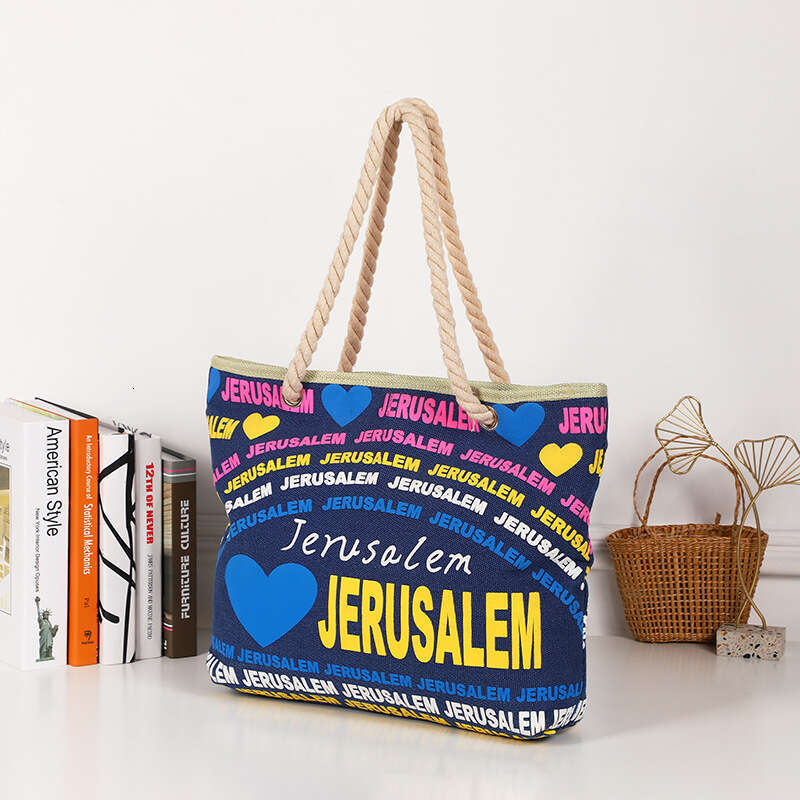 New Beach Printed Letter Personalized Shoulder Cotton Rope Tote Large Capacity Canvas Bag