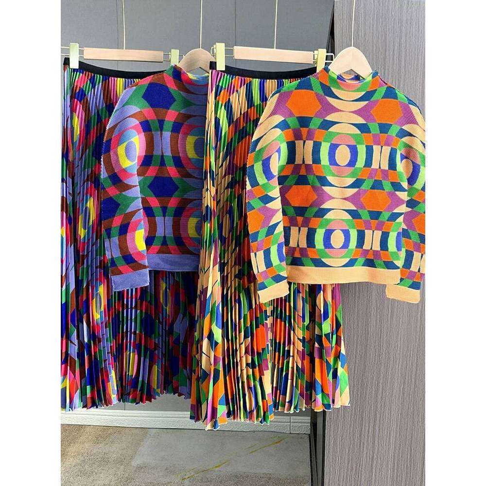 DEAT Elegant Pleated 2 Piece Set O-Neck Geometric Printing Pullover Top Elastic Waist Long Women's Suit 2024 Autumn New 15C731