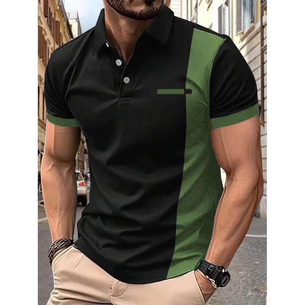 Ins Men's Summer Collar Striped Print Short Sleeve Polo Sports Shirt B5