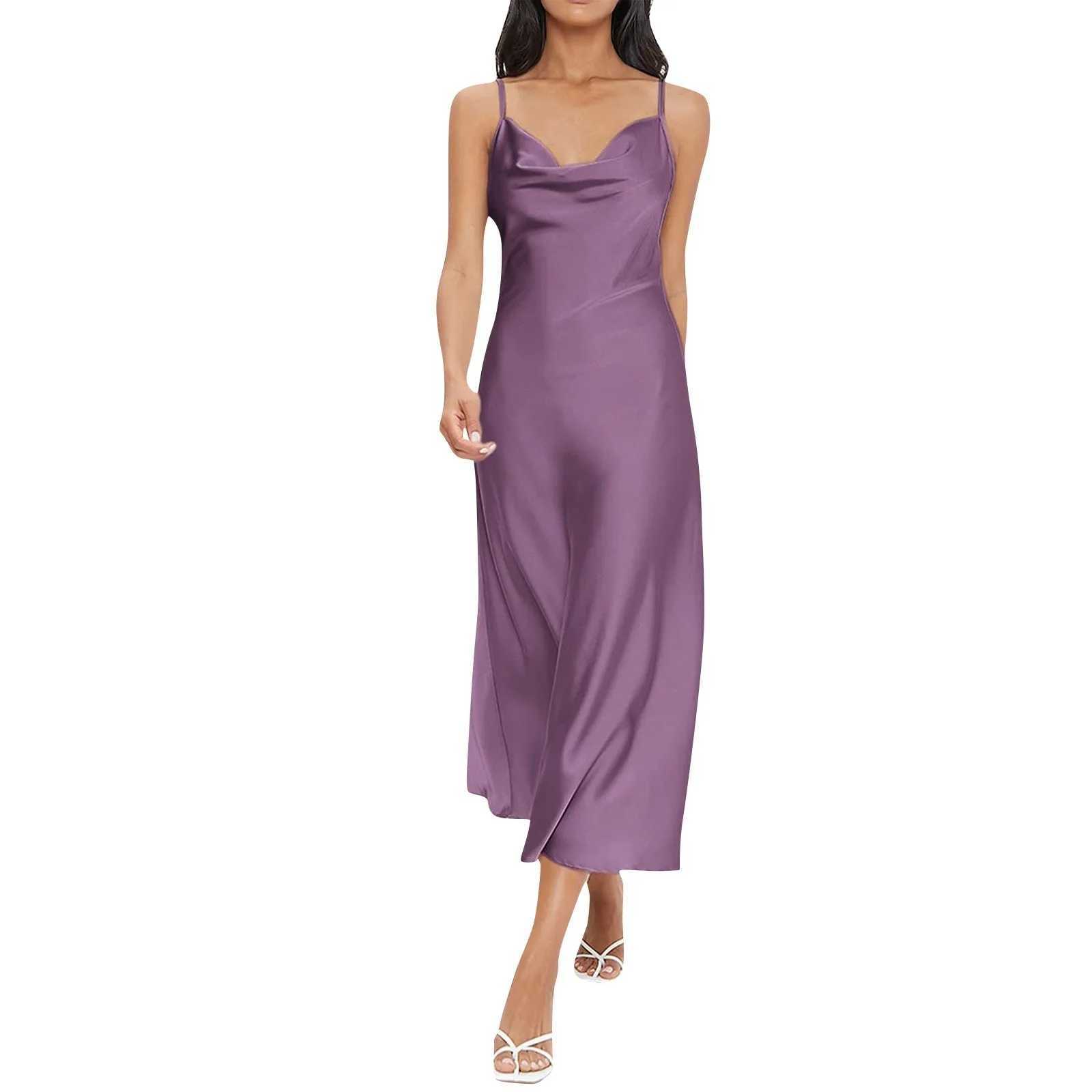 Ladies Elegant Summer Fashion Solid Color Satin Silk Suspender Dress Deep V-neck Slim Fit Pleated Dress For Evening Parties XJ250610