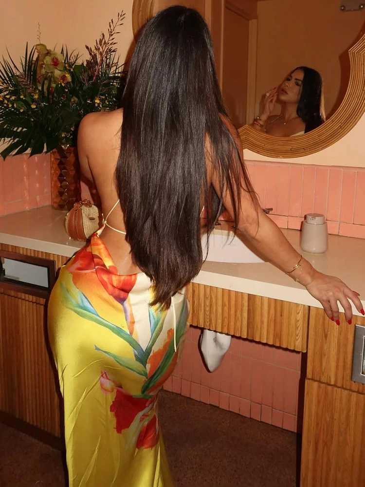 Weird Puss Floral Print Sexy Lace-Up Backless Dress Women Ruched Swing Collar Sleeveless Robe Vacation Trend Beach Party OutfitsXJ250610