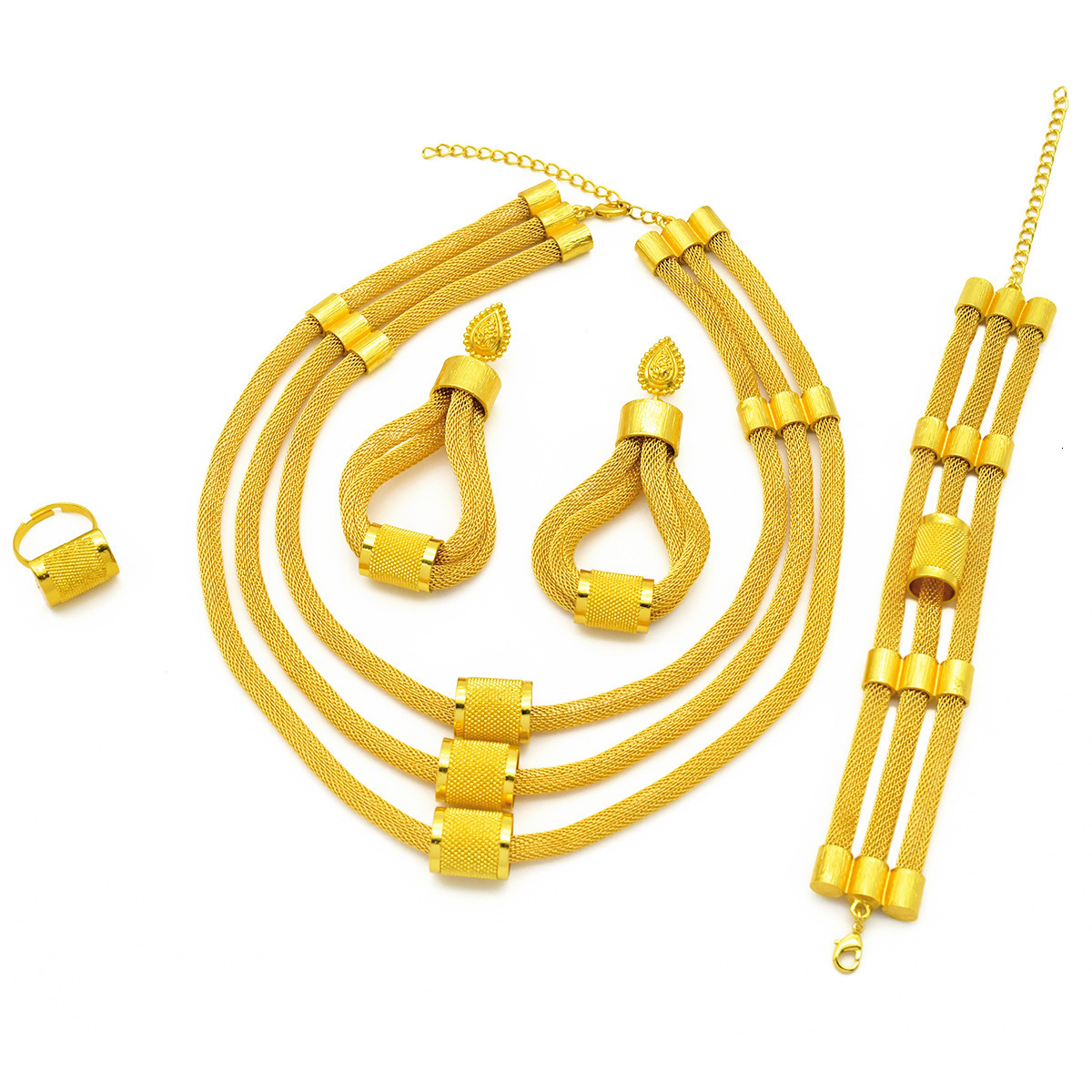 Gold Color Jewelry Sets for Women Bridal Necklace Earrings Adjustable Ring Dubai African Banquet Wedding Ornament Gifts 241018