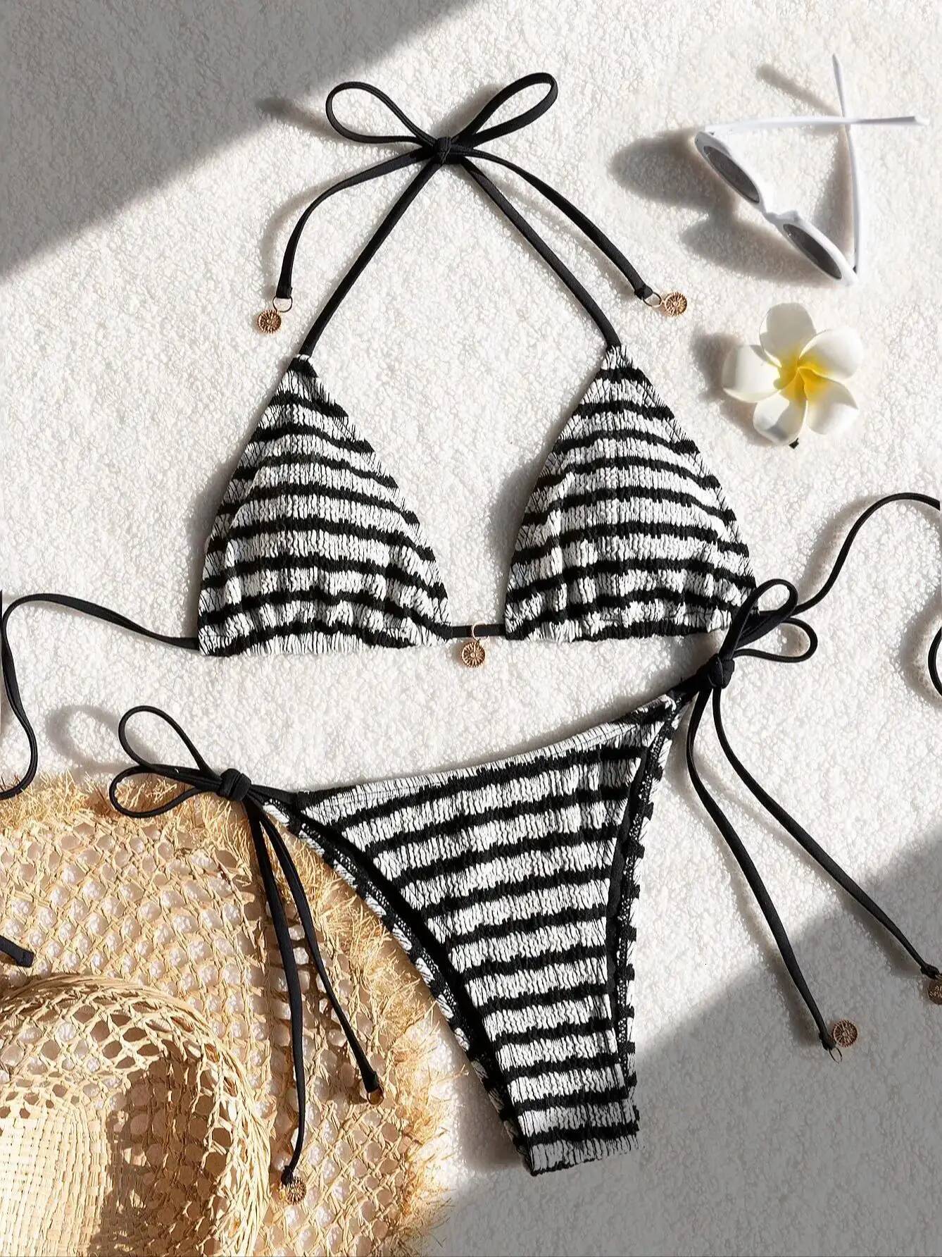 Ladies' striped and water ripple split sexy SexHy bikini swimsuit color blocking fashion high-end hot spring par