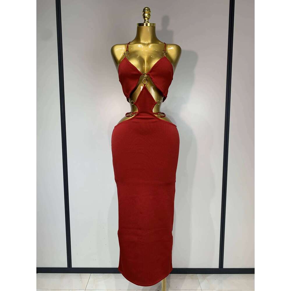 Women Sleeveless Sexy Halter Hollow Out Black Red Bodycon Long Bandage 2025 Celebate Elegant Birthday Club Dress