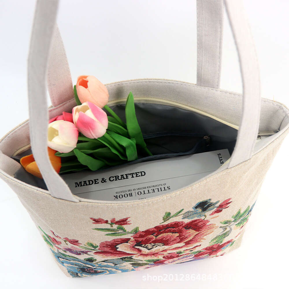 Small And Medium Canvas Double-Sided Gold Thread Jacquard Embroidery Handbag Fresh Versatile Shoulder Bag Artistic Casual