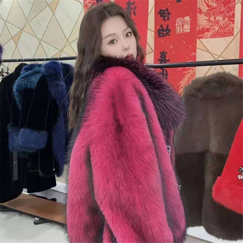 Faux Coat for Women,Single Breasted Jackets, Adjustable Waist Overcoat,Fox Fur Collar,Female Clothes, Winter,New