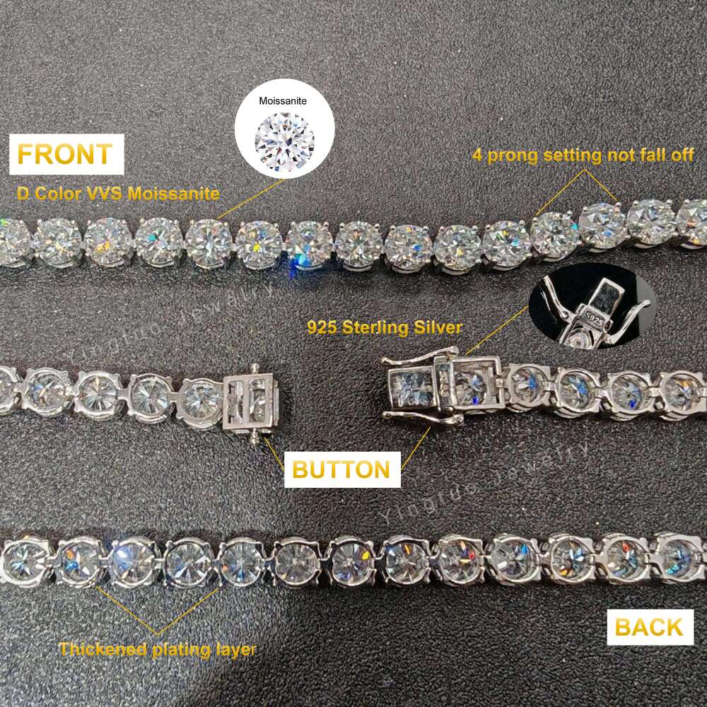 OACOCA Hip-hop Fasion 18k Gold Plated 925 Sterling Silver Moissanite Diamond VVS 3mm Round Ice Cut Moissanite Tennis Chain