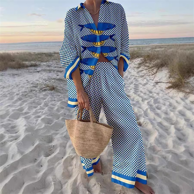 Womens Two Piece Set New Creative Fish Pattern Shirt And Wide Leg Pants Ocean Element Casual Sets Oversize 3xl 4xl 5xl