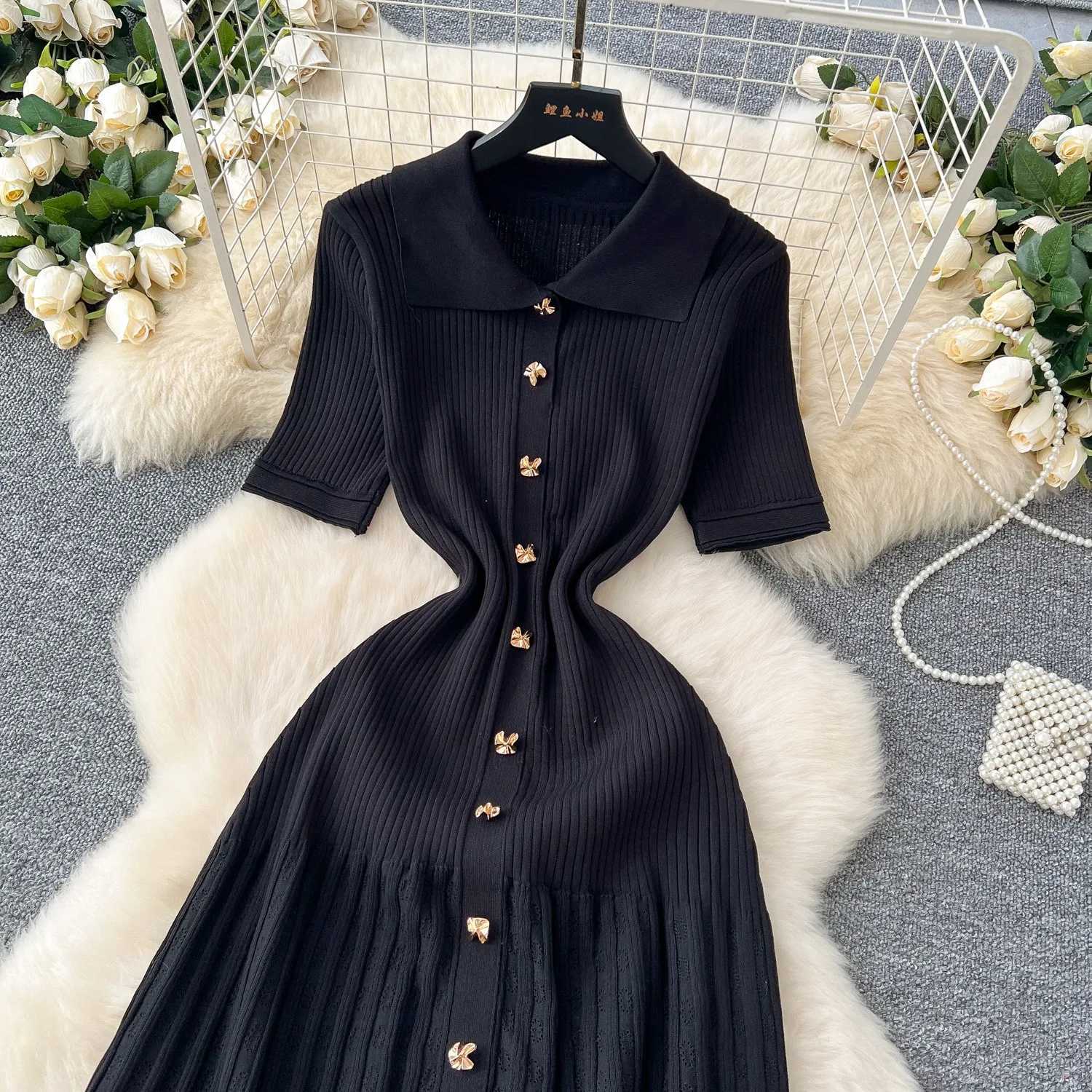 YuooMuoo Chic Fashion Elegant Patchwork Knitted Maxi Dress 2025 Summer Lady Turn-down Collar Shirt Sweater Dress Party Dresses XJ250610