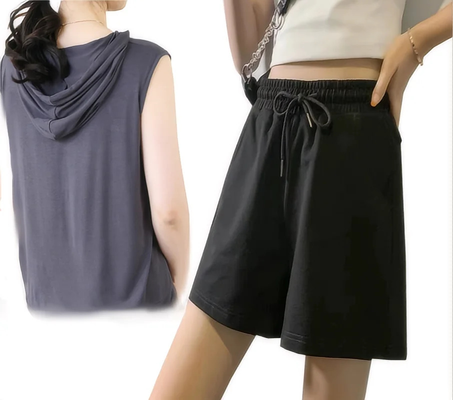 Womens sportswear set hooded sleeveless T-shirt shorts sports vest 2-piece set summer gym training hooded sweatshirt 250609