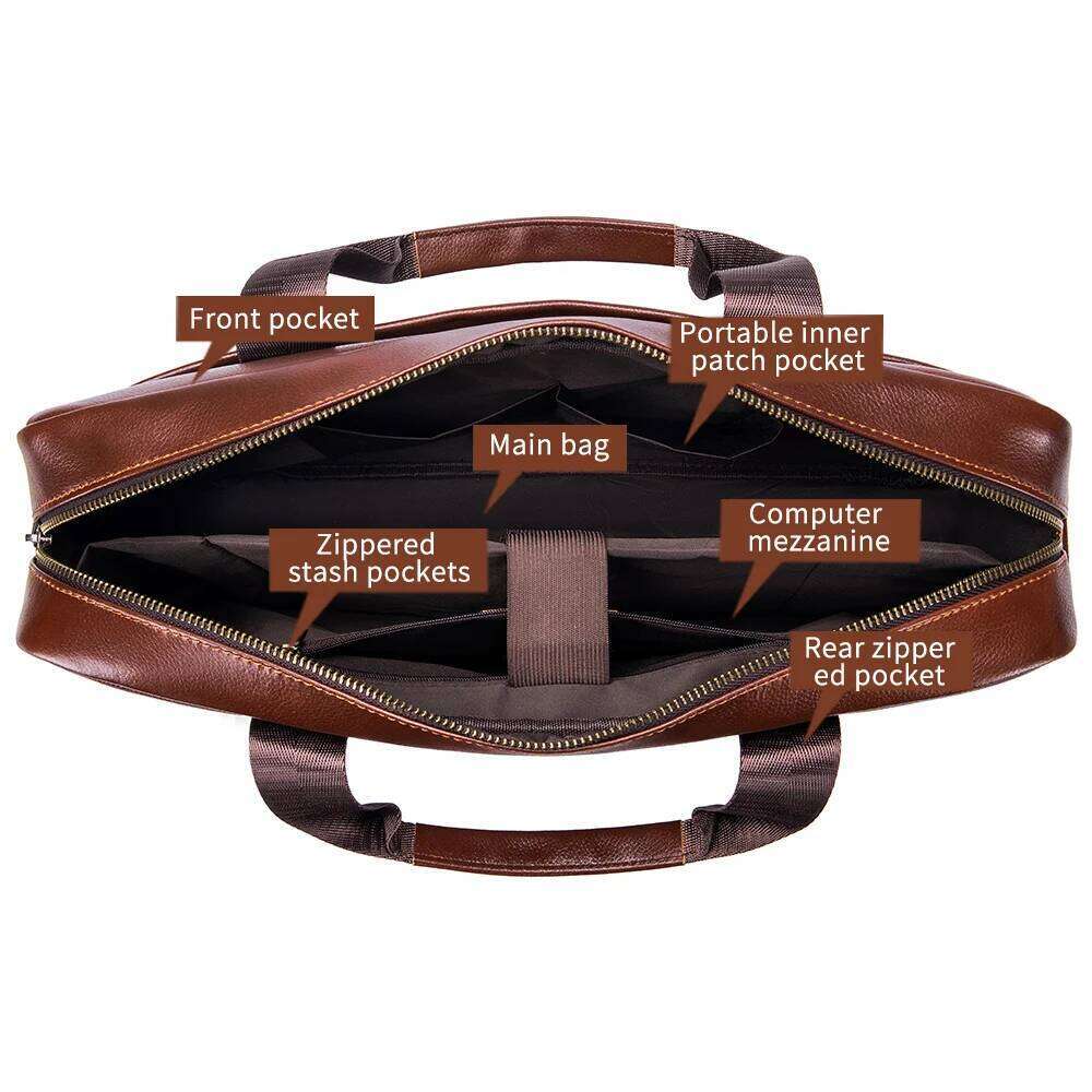 Men's Leather Briefcase, Cowhide Shoulder Crossbody Large Capacity Office Computer Bag, Multifunctional Handbag