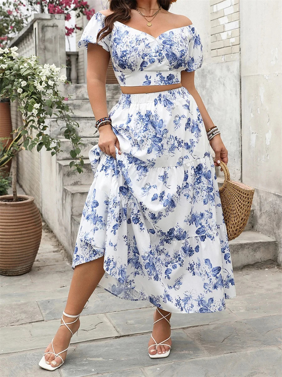 Elegant Plus Size Outfit Floral Print V-Neck Top with Short Sleeves and Elastic Waist Long Skirt - 2 Piece Set for Women 250609