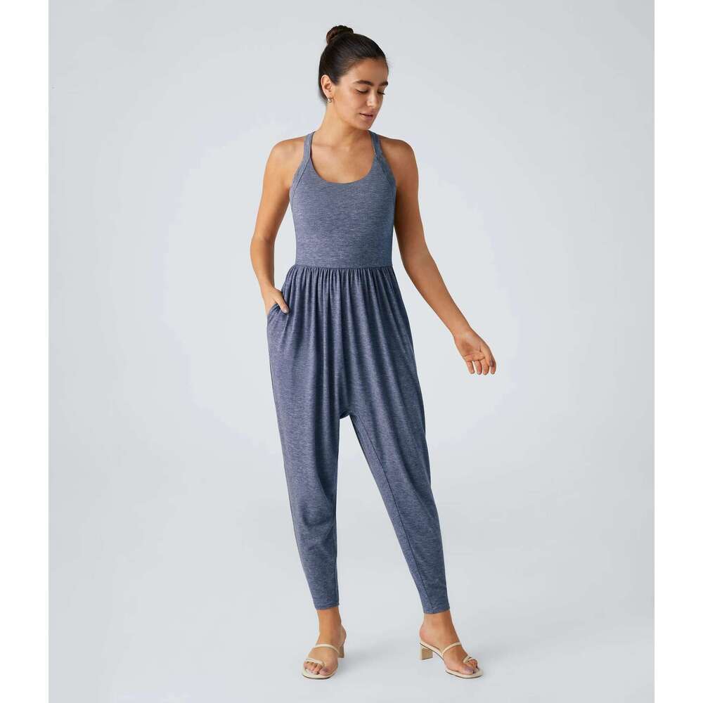 DHEssentials Sleeveless Wide Leg Jumpsuit for Women Casual Loose Fit Romper with Waist Tie Stretch Fabric S to 3XL