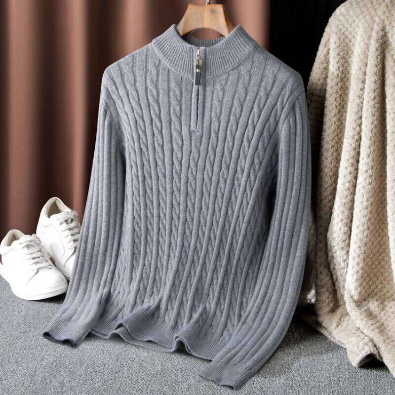 Boutique Men's Solid Color Turtleneck Top Autumn And Winter Thermal Zipper Pullover Stretch Sweater