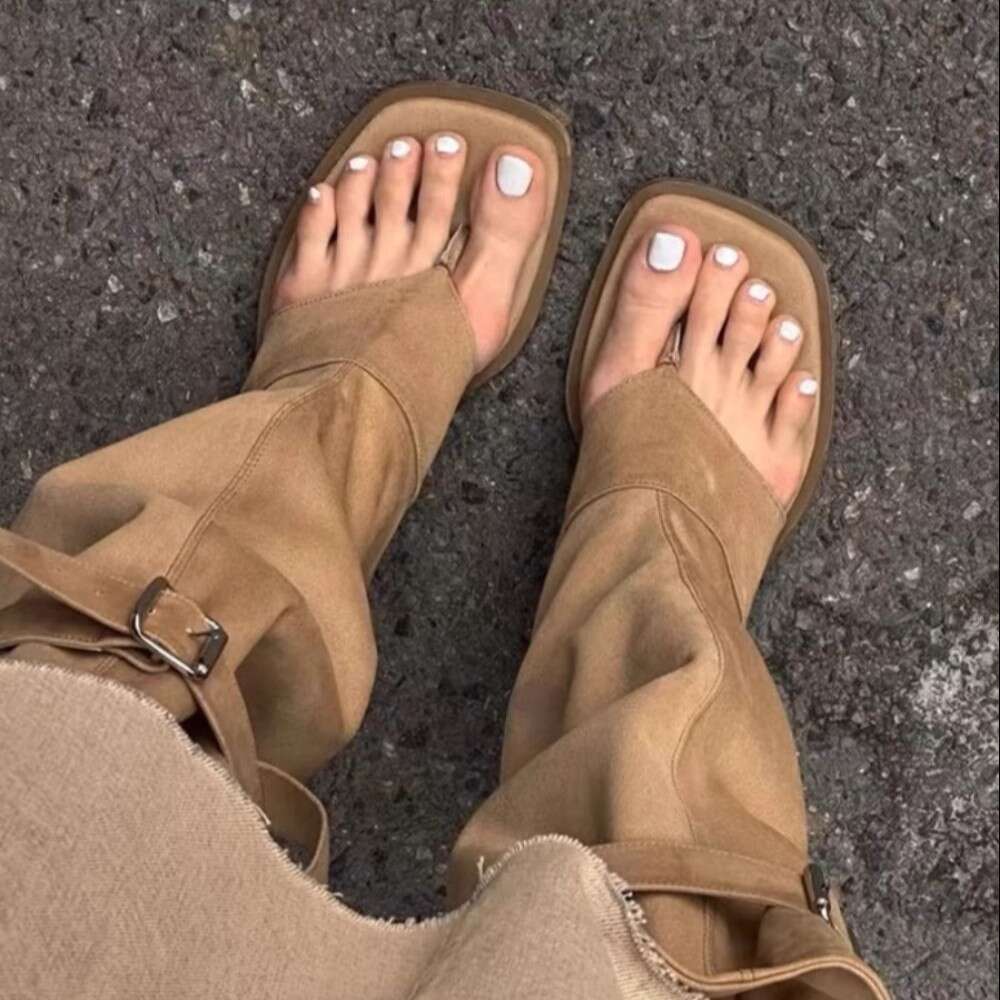 Yanshun~ Instant Hair Square Toe Clip for Women Summer New Style Hot Girl Western Cowboy Flat Stacked Boots Sandals
