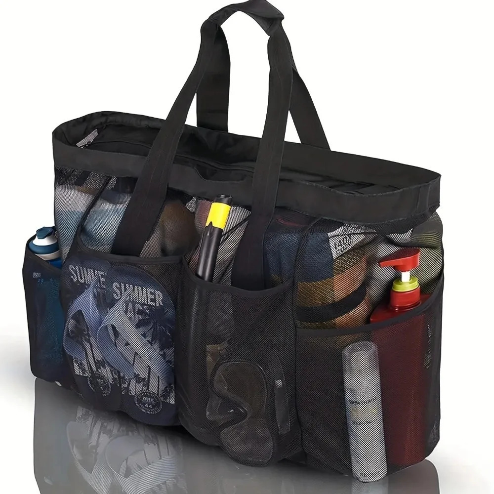 1pc Extra Large Mesh Beach Bag Breathable Tote With Zipper Side Pockets Portable Capacity Finishing Organizer Bag 250605