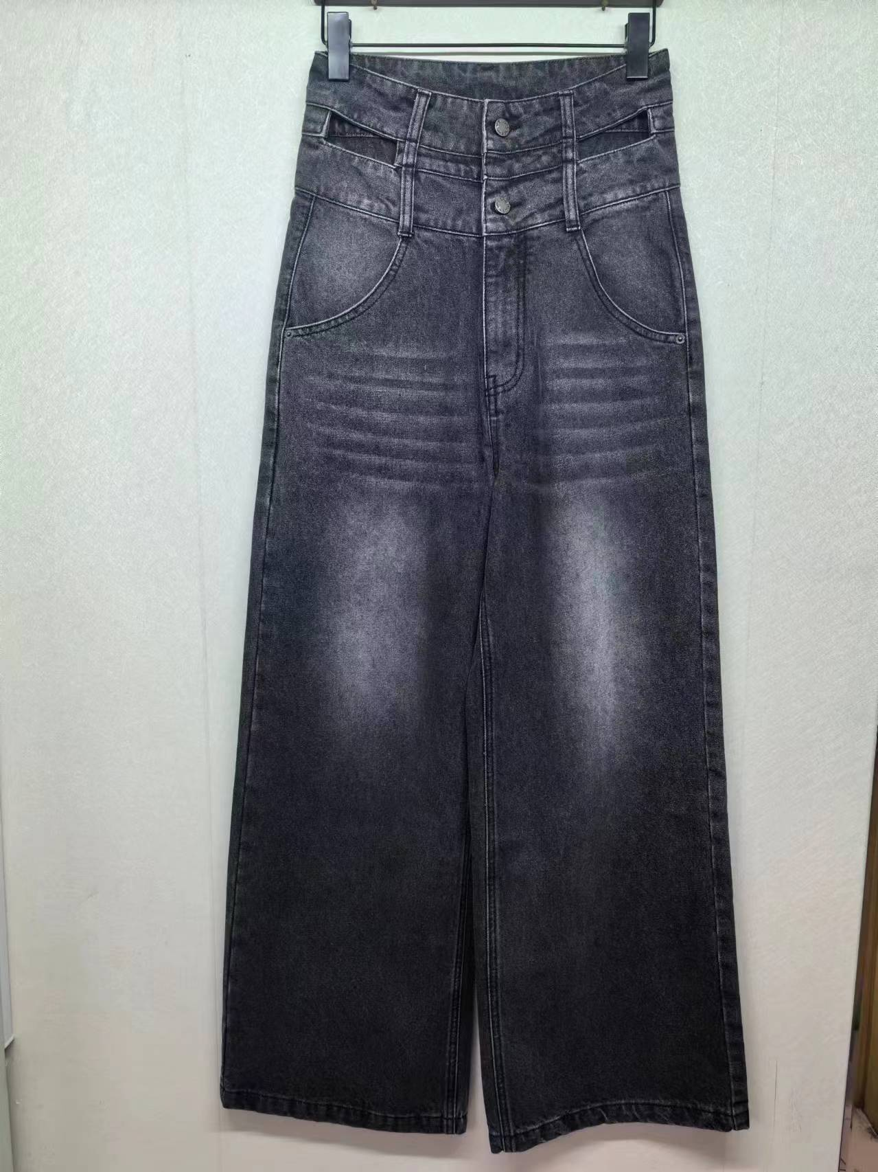Cubic double button high waist wide leg jeans factory customized wholesale 40162