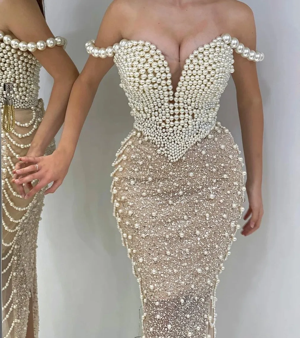 Luxury Pearls Beaded Prom Dresses Elegant Off The Shoulder Evening Dress Floor Length Sequined Celebrity Party Gown Customized