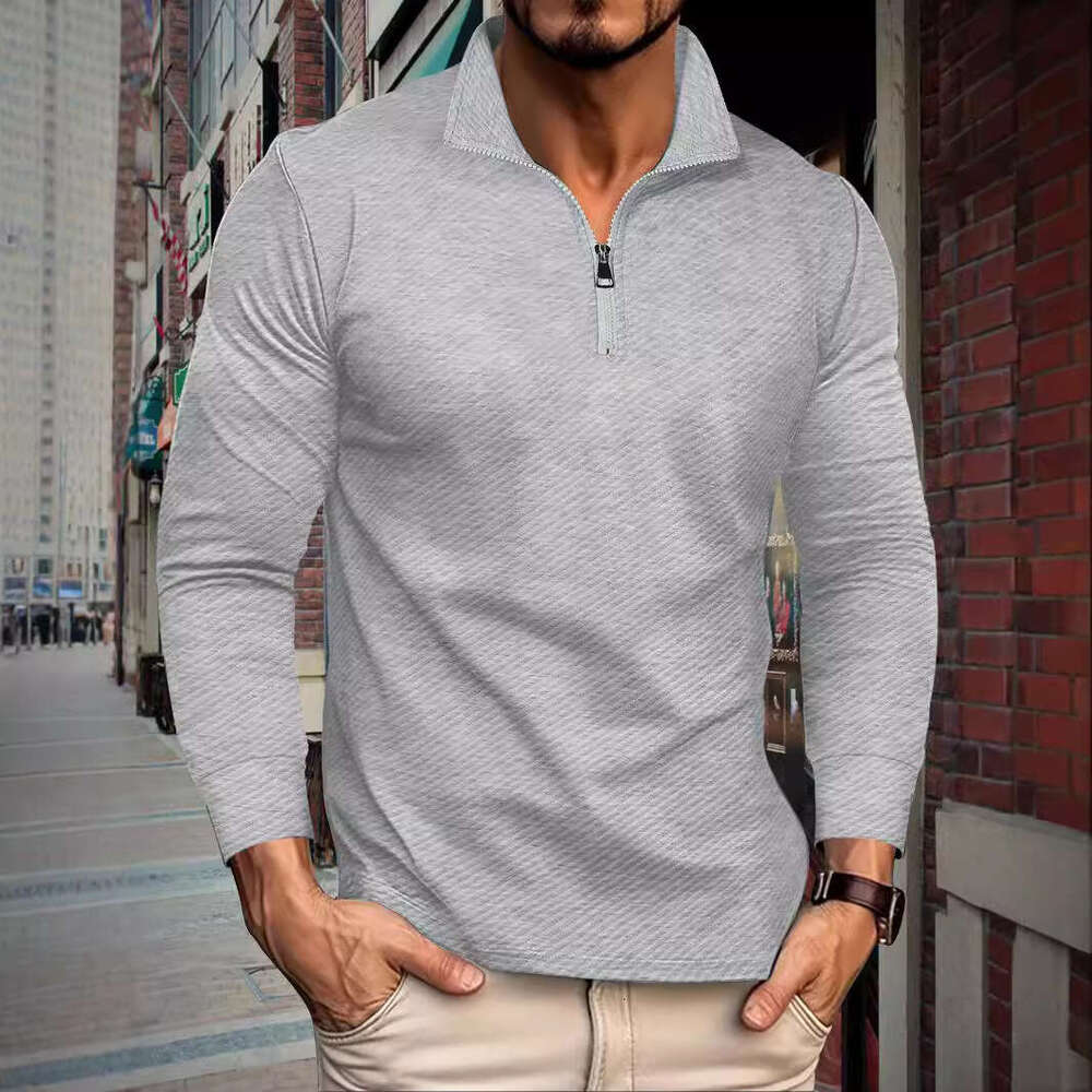 Ins Autumn New Twill Jacquard Zipper Long Sleeve Men's Sports Polo Shirt B5