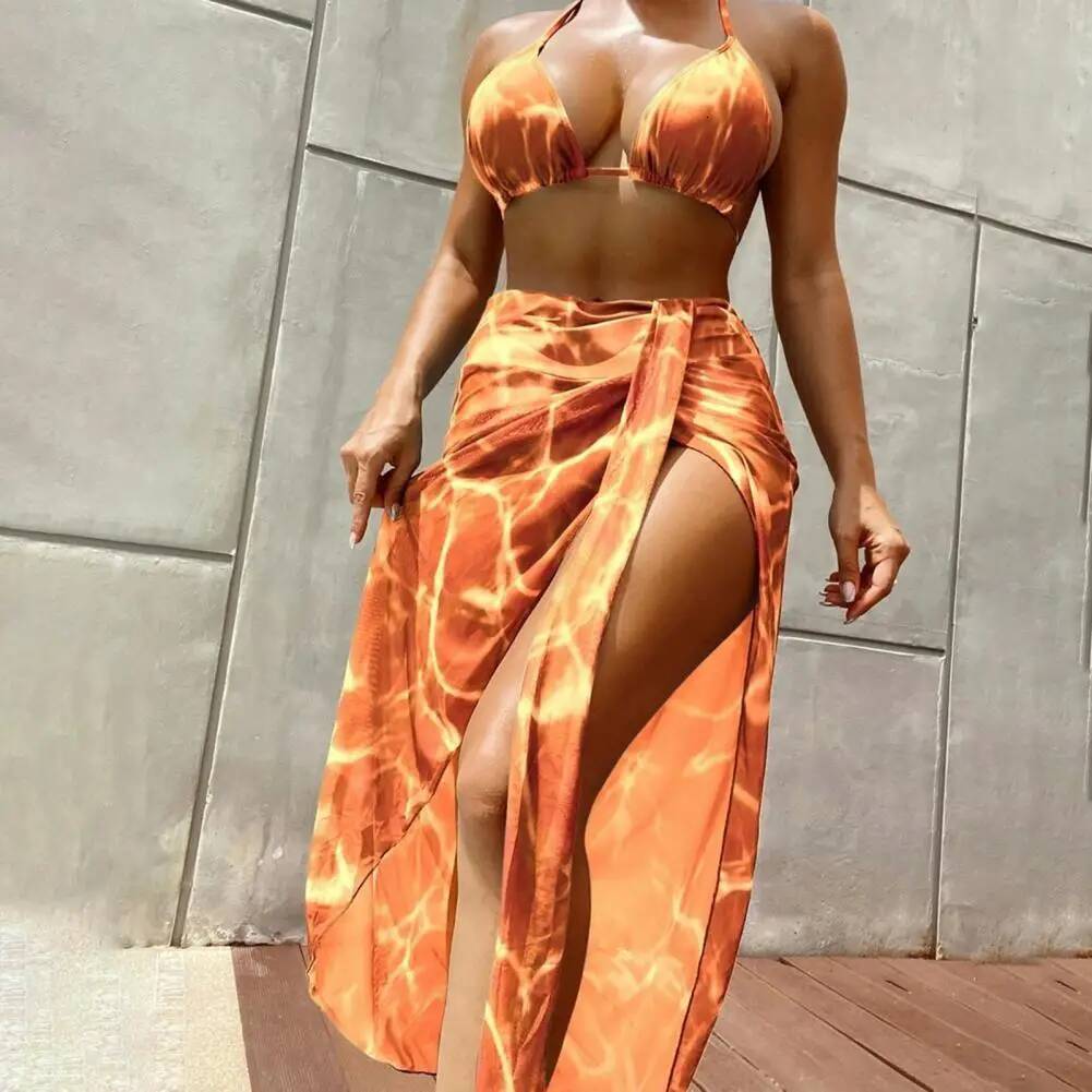 3 Pcs/Set Women Swimsuit Lace-up Halter Neck Bikini Set Wireless Summer Beach Swimwear Bathing Suit Wading Sports Clothes