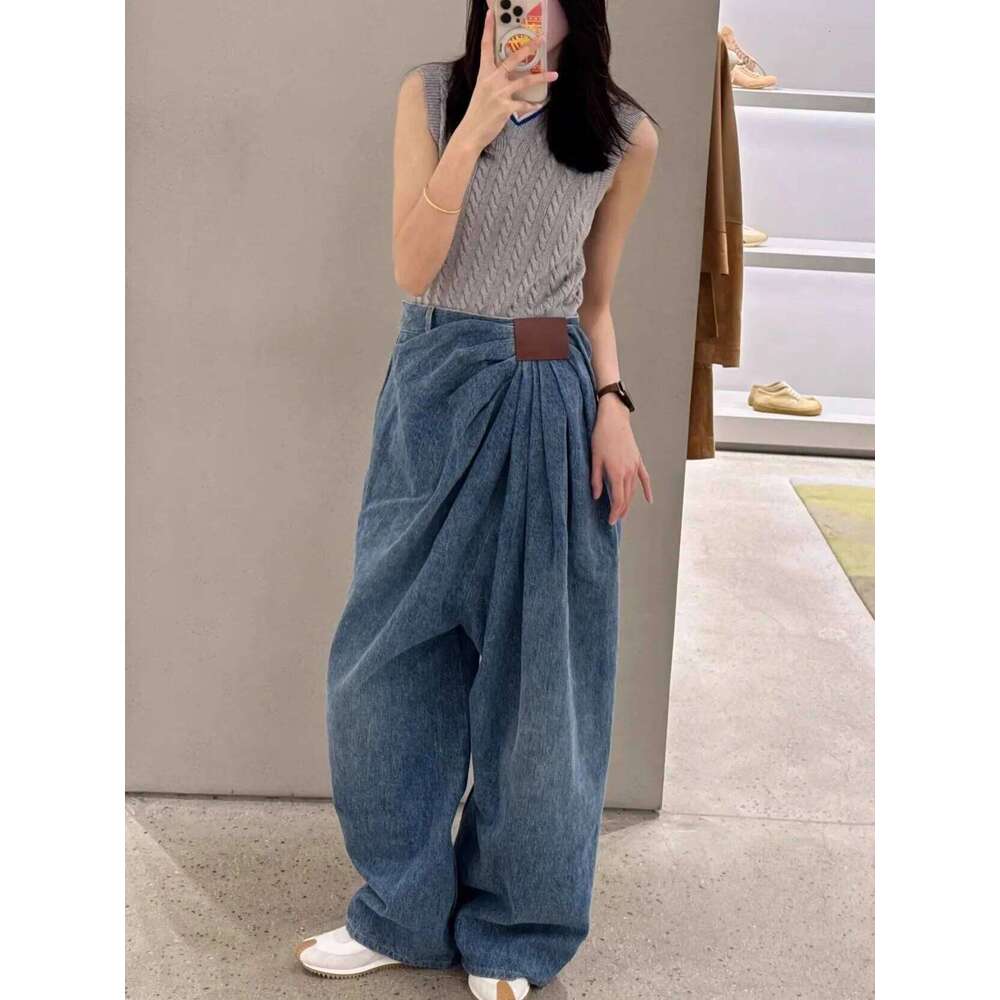 American Wide Leg Denim For Women In Spring And Autumn, Fashionable Pleated Design, Loose Floor Length Pants