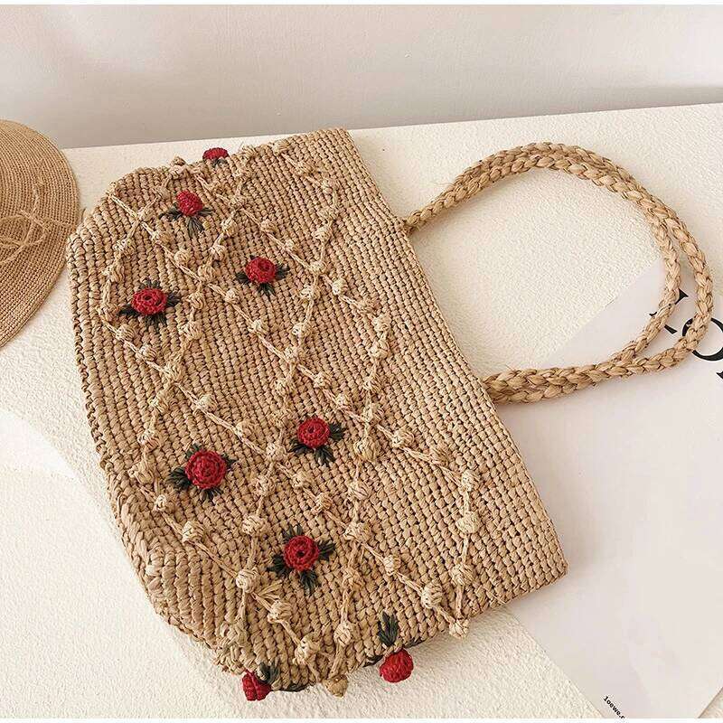 Raffia Hand-woven Brand Exquisite Rose Hook Flower Retro Shoulder Handbag Women' Simple Versatile Vacation Seaside Beach Bag