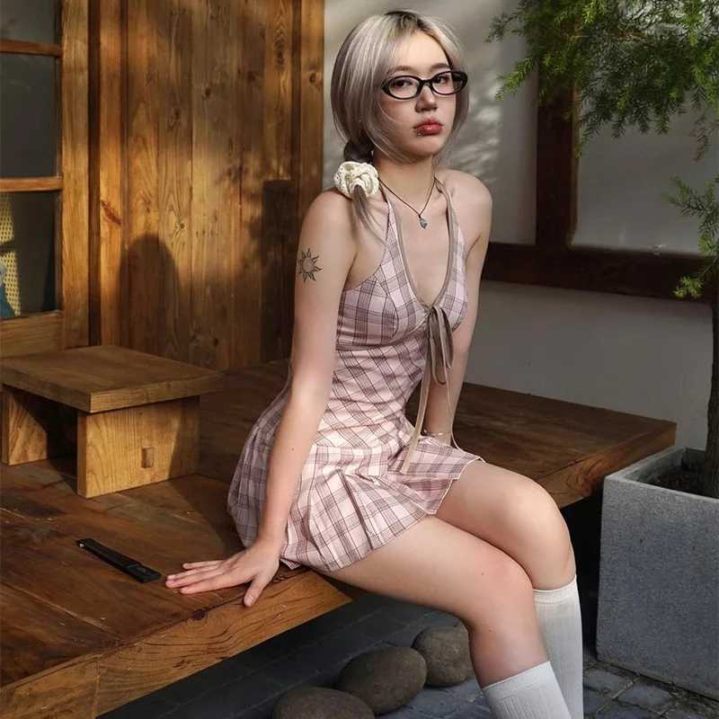 Candyhot Retro Plaid Halter Sleeveless Drawstring Mini Dresses Backless Korean Style Sexy Spring Evening Party Women Dresses XJ250610