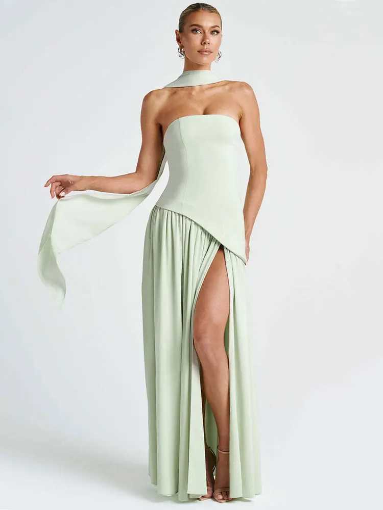 GACVGA Elegant Strapless Sexy Maxi Dress Women Gown Scarf Collar Bandage Backless High Split Club Party Evening Long Dress XJ250610