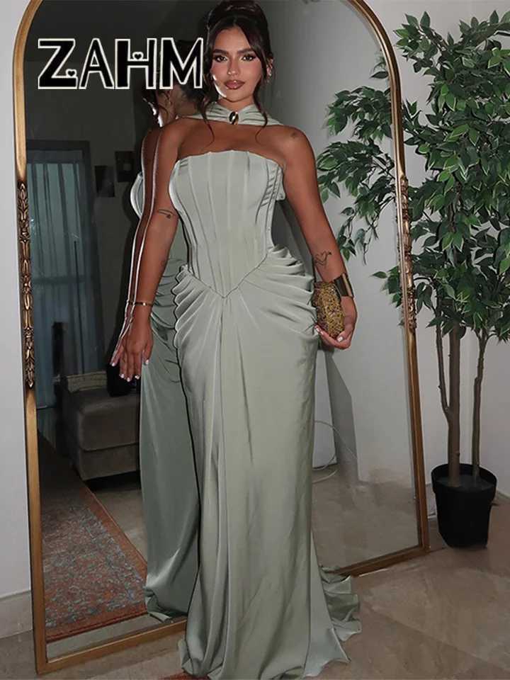 Elegant Pleated Party Long Dress Women With Scarf Satin Sleeveless Backless Evening A-line Dresses 2025 Summer Lady Robes XJ250610