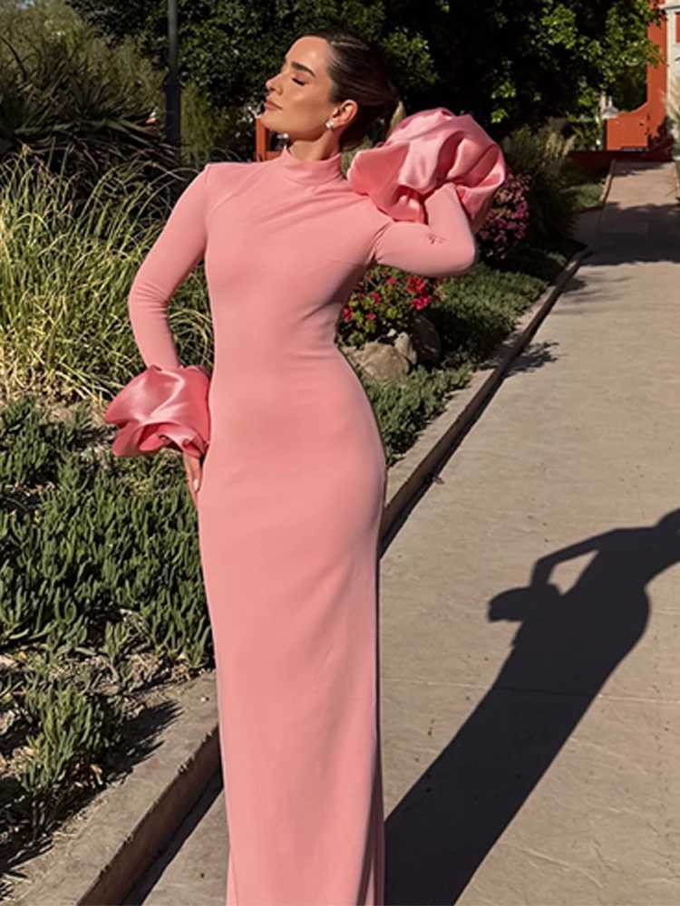 Sweet Pink Skinny Maxi Dresses Women 3D Flowers Long Sleeves Half High Collar High Waist Split Robe 2025 New Party Evening Gown XJ250610