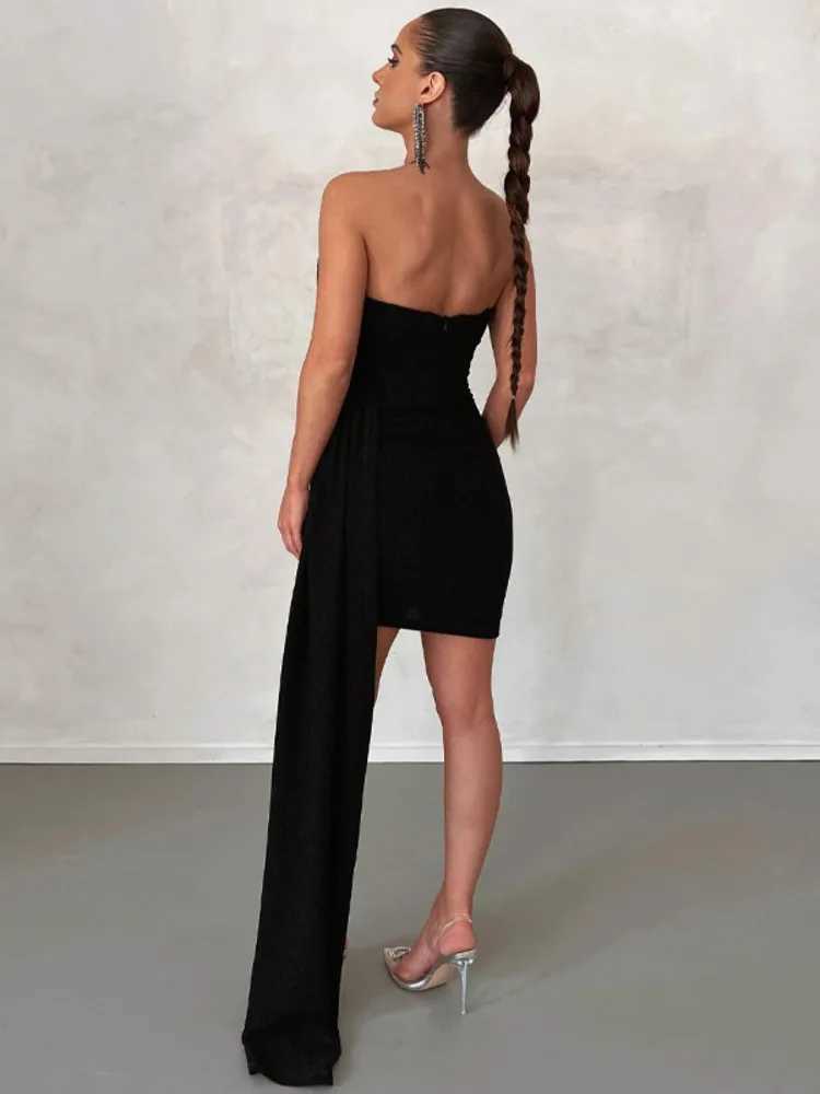 Mozision Elegant Strapless Lace-up Mini Dress For Women Robe 2023 New Off-shoulder Sleeveless Ruched Party Short Dress Vestido XJ250610