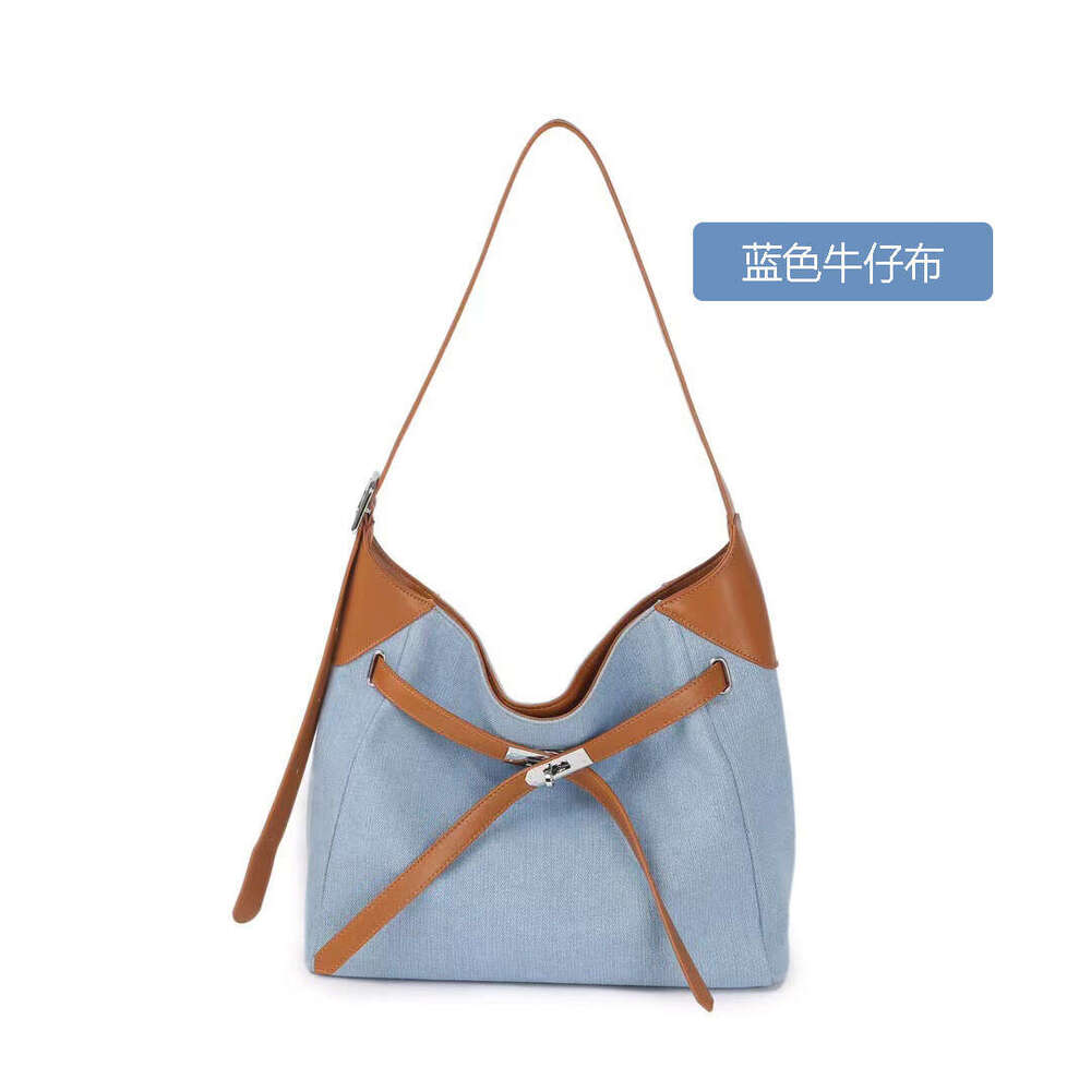 2025 New Niche Color-Block Washed Denim Genuine Leather Large Capacity Tote Versatile Shoulder Fashion Women's Bag