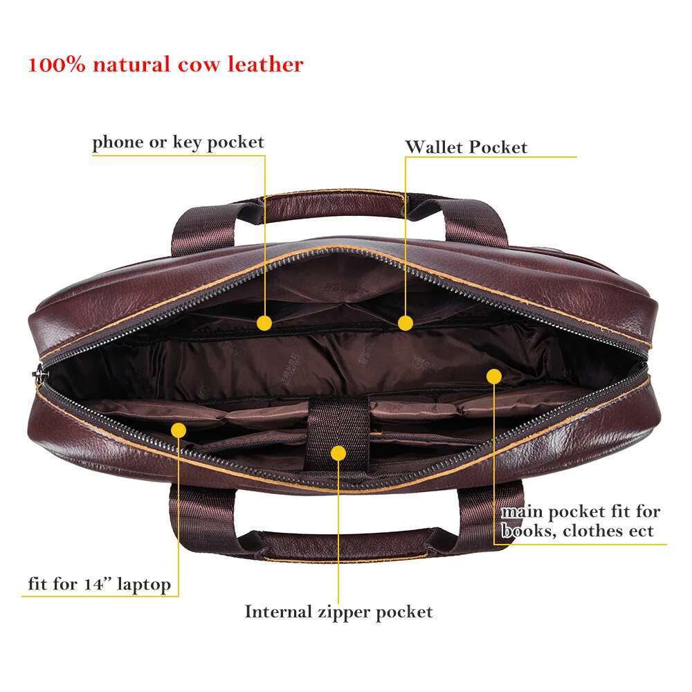 BULLCAPTAIN Genuine Men Briefcase Laptop 14 Messenger Men's Leather Bag Business Portfolio For Document A4