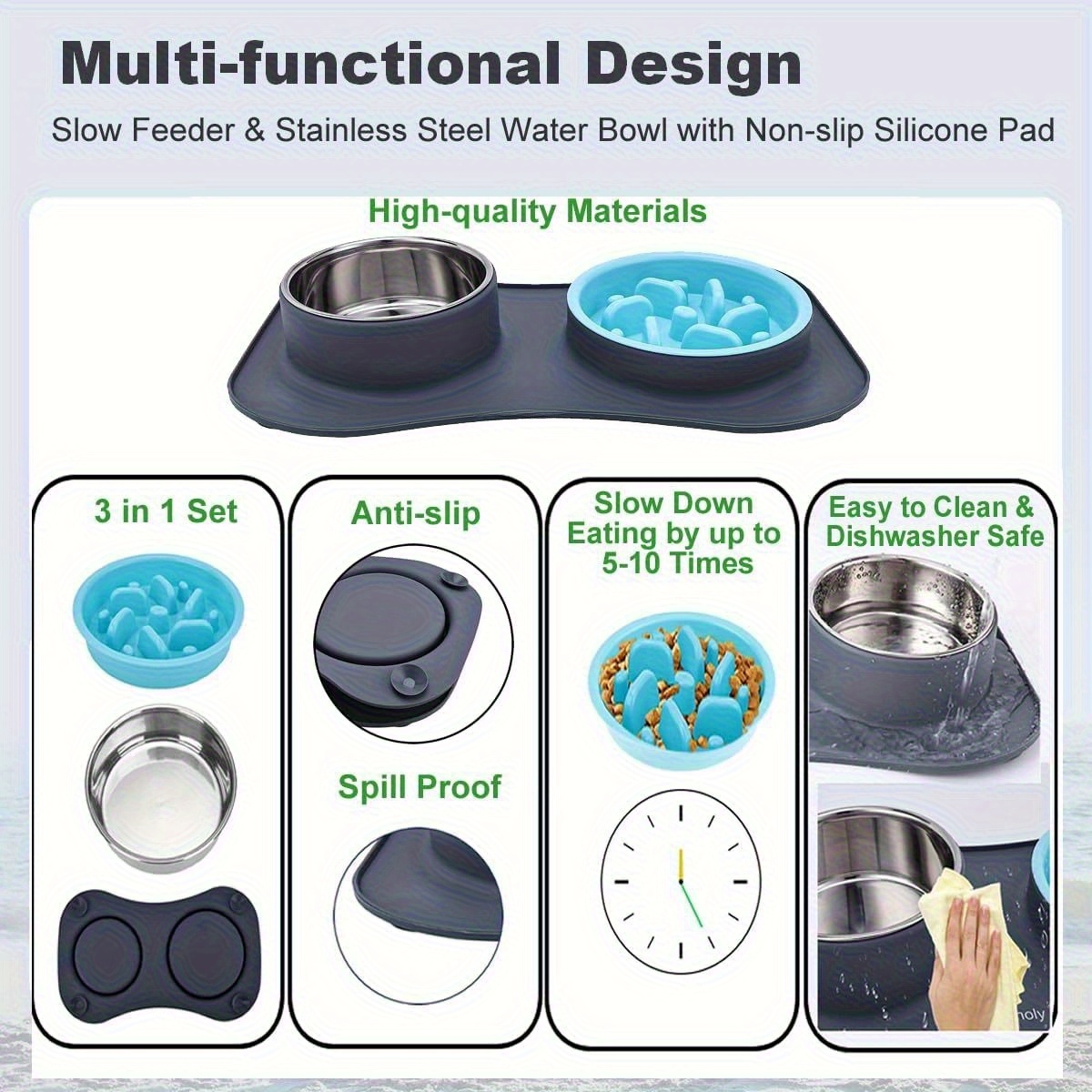 3-in-1 Slow Feeder Dog Bowl with Non-Slip Mat - Stainless Steel Food and Water Bowl for Large, Medium, and Small Breeds, Prevents Choking - Ideal for 