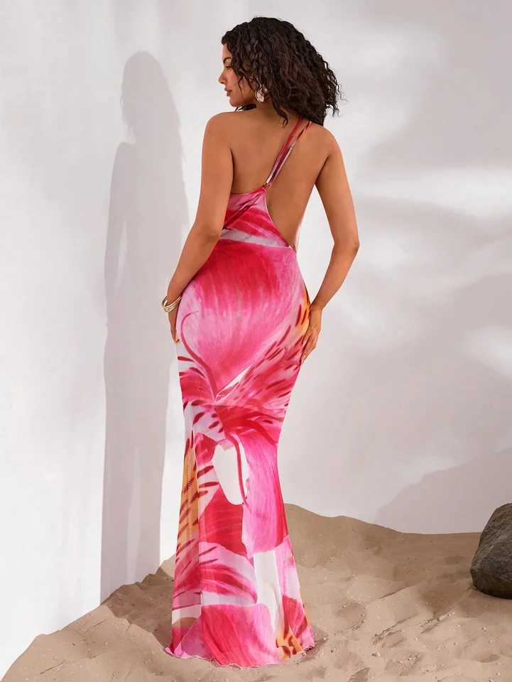 A new spring and summer womens printed sleeveless one-shoulder off-the-neck sexy backless super long dressXJ250610