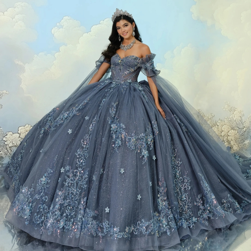Navy Blue Shiny Quinceanera Dresses Ball Gown Off The Shoulder Applique Lace Beads Tull With Cape Sweet 16 Dress Vestidos 15 De Anos