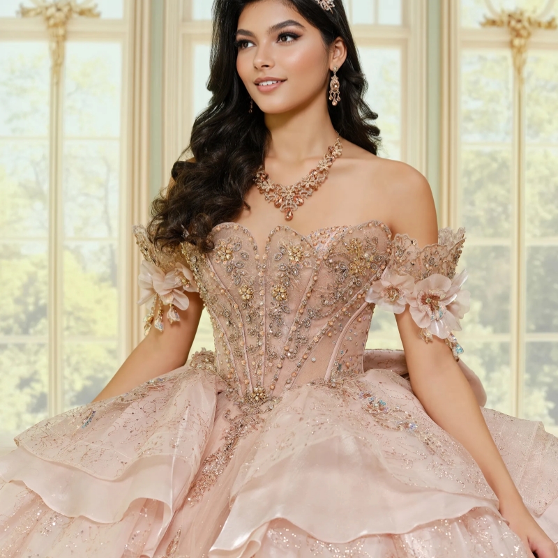 Pink Shiny Off The Shoulder Ball Gown Quinceanera Dresses Appliques Flower Beading Crystal Bow Tull Sweet 16 Dress vestidos 15 Anos