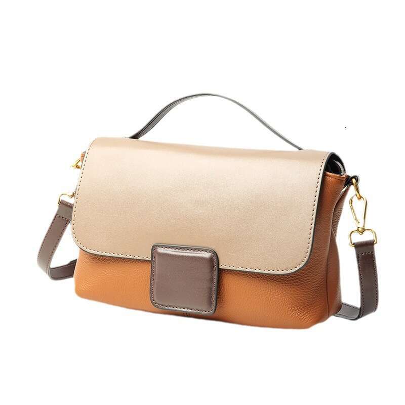 2025 New Top Layer Cowhide Women's Fashion Versatile Handbag Single Shoulder Crossbody Color Block Small Square Bag